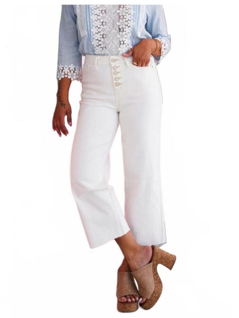 Judy Blue Wide Leg Crop Jeans Denim Raw Hem Button Fly White Women's Size 28